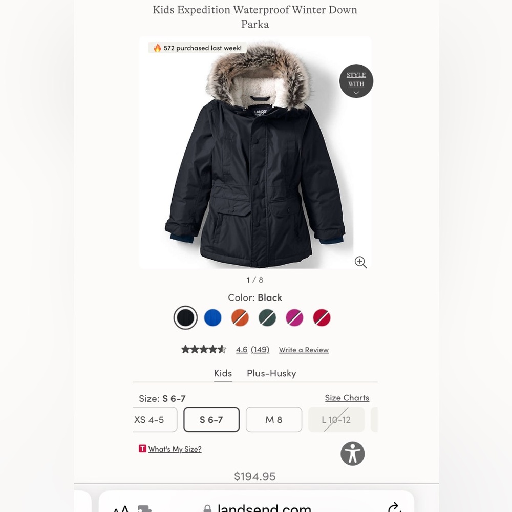 Lands’ End Kids Expedition Waterproof Winter Down Parka Navy Size S 6-7